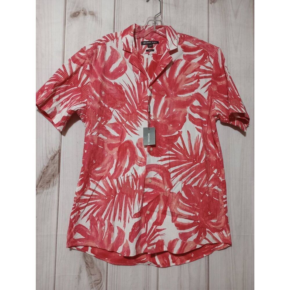 Michael Kors Shirt Men's Large Slim Fit Coral Tropical Short Sleeve Button Front